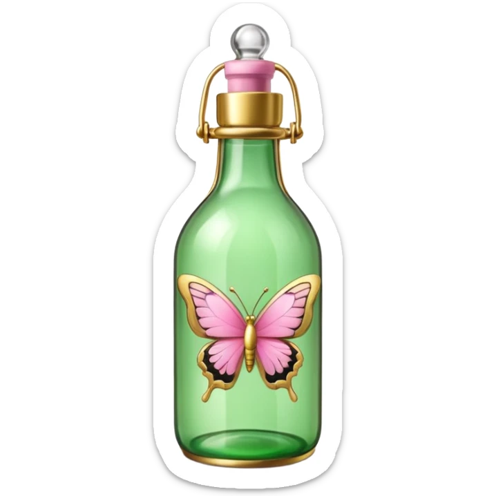 enhanced green bottle with more details and gold accents, pink butterflies, emoji style sticker