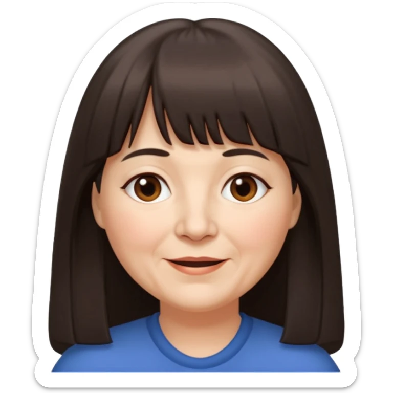 60 yr old woman, long hair down back, very small brown eyes, long hair, straight dark brown hair, bangs, chubby, long face, very tired but happy sticker