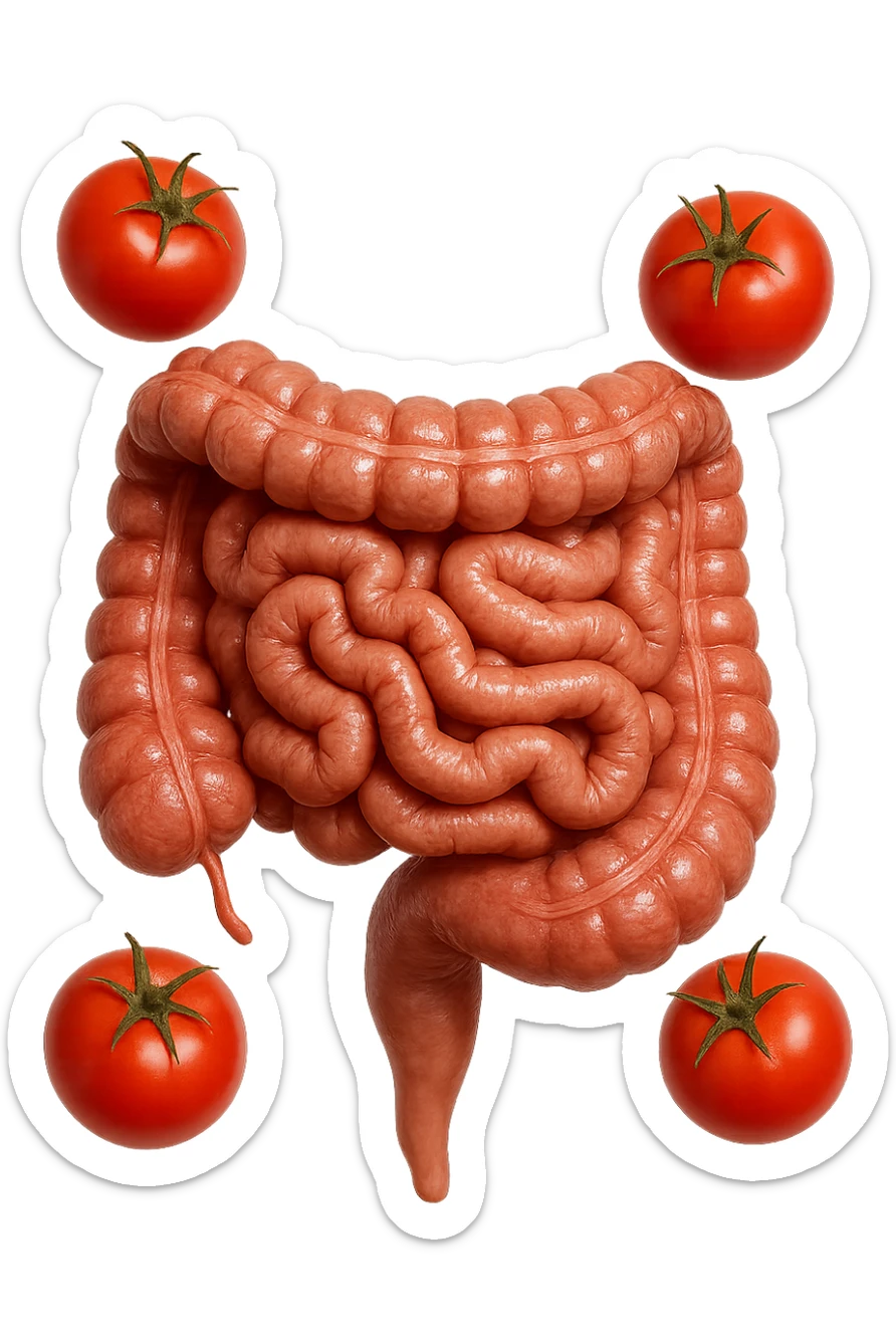 intestino umano anatomico con pomodori che gli fluttuano intorno, iperrealistico 4k sticker