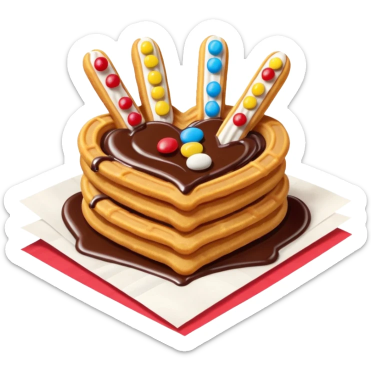 Add chocolate drizzle and m&ms on top of the crispy golden churros, put then on a shape paper sticker