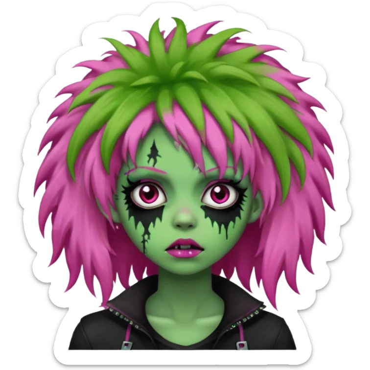girl, green zombie,pink afro, long, emo, shaggy, dark, spooky,creepy expression sticker