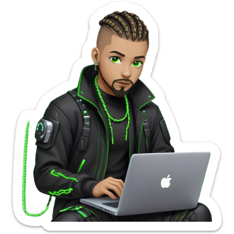 Light skinned African American male with green eyes as a cyberpunk hacker with cornrows hairstyle but short cornrows  with just goatee facial hair and no beard hacking/coding on laptop  sticker