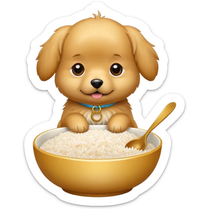 A little Golden dog eating a bowl of rice sticker