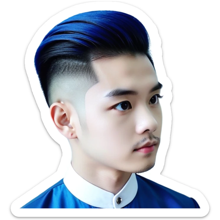 Nam 15 tuổi, da trắng, tóc under cut màu xanh lá cây vuốt ngược ra sau, mắt đen, áo khoác da màu cam , bên trong mặc áo cộc tay màu trắng, đeo khuyên tai màu bạc, mặt ngầu sticker