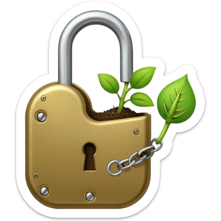 A seed germinating with a sprout sticking out of it in the shape of a pad lock with the seed being the body of the padlock and the sprout being the shackle of the padlock. sticker