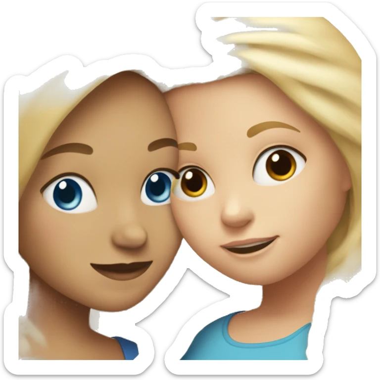 Mother with blonde hair blue eyes, hugging daughter with brown hair hazel eyes sticker