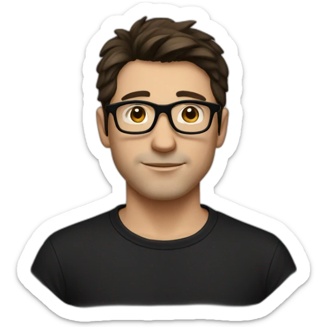 a slim white man with messy short dark brown hair, with a black t-shirt, black rectangular glasses sticker