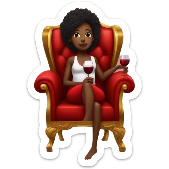 black girl sitting cross-legged on big red throne chair with glass of wine in hand sticker