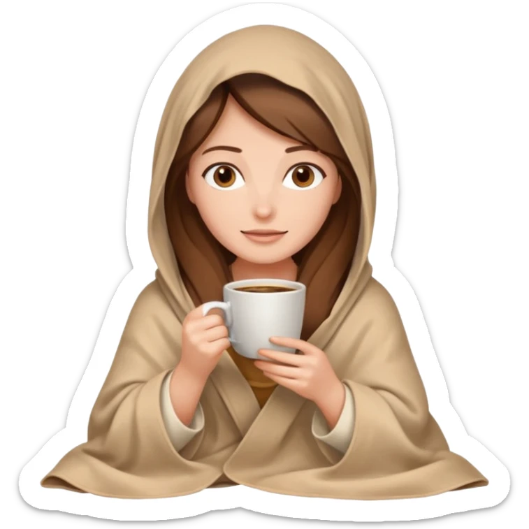 brown hair woman sitting under beige blanket, with a blanket over his head, holding cup of coffe sticker