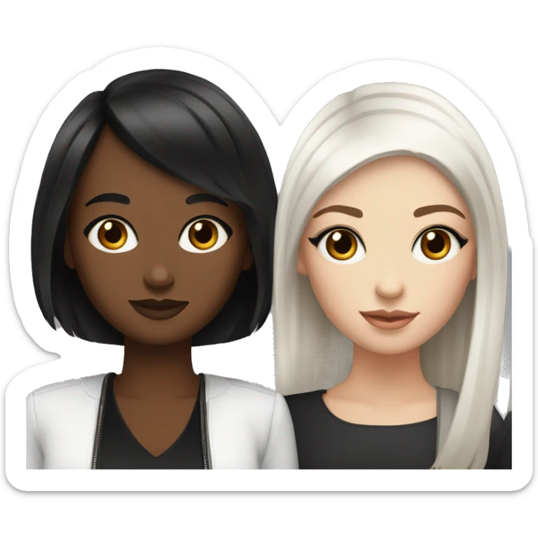 Two white girlfriends. One with brown hair in square, the other with black hair, bangs and a square. In fashionable clothes and beautiful modern makeup sticker