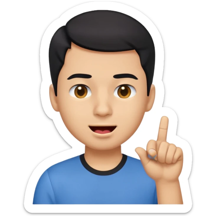 "Create a playful emoji of a young man with short black hair, wearing a blue shirt. He is winking with one eye, sticking out his tongue dramatically, and pointing to his forehead with one hand in a cheeky gesture.
 sticker