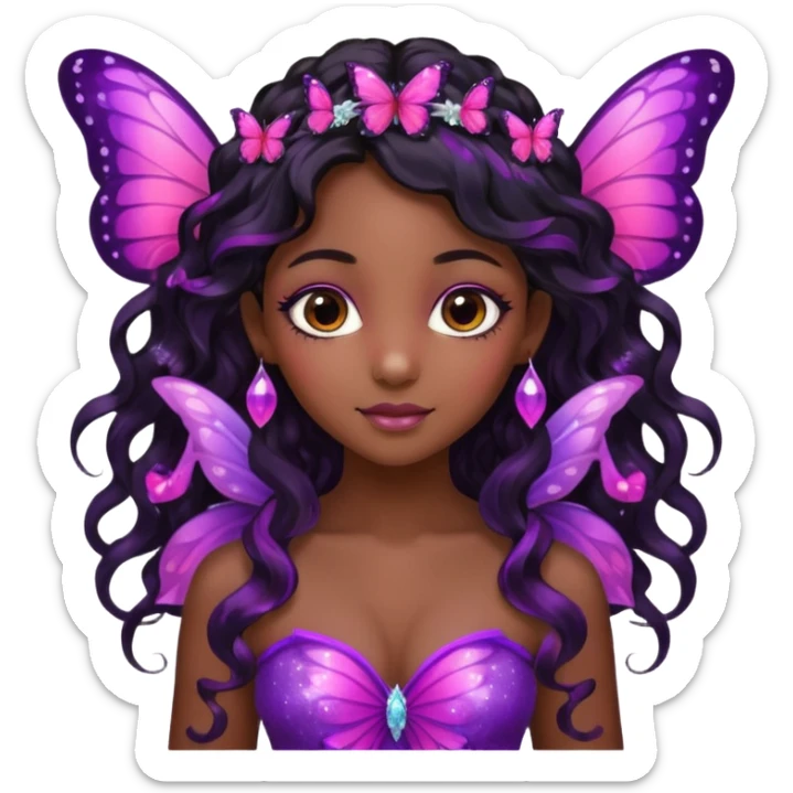 Black girl fairy with long wavy black hair, pink and purplered butterfly wings sparkly sticker
