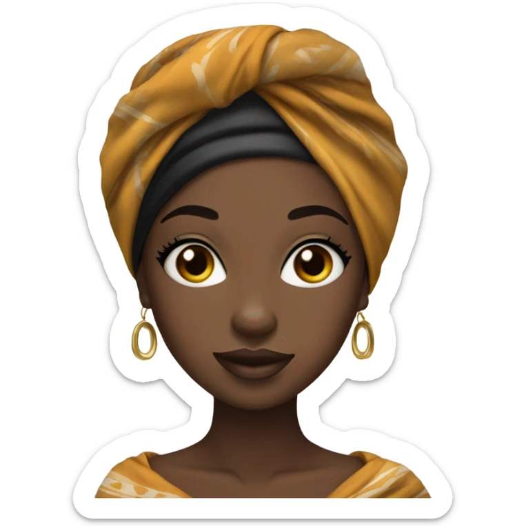 A black girl wearing an African head scarf with long lashes and lip combo sticker