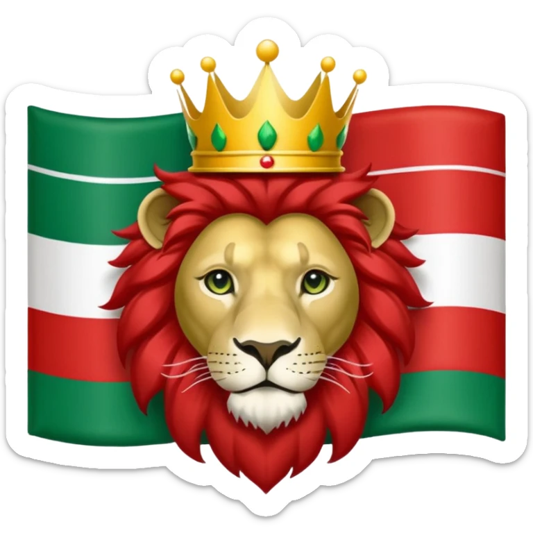 Please make me the flag of the lion and the sun with the crown of Iran, which is green from the top, white in the middle and red bottom. sticker