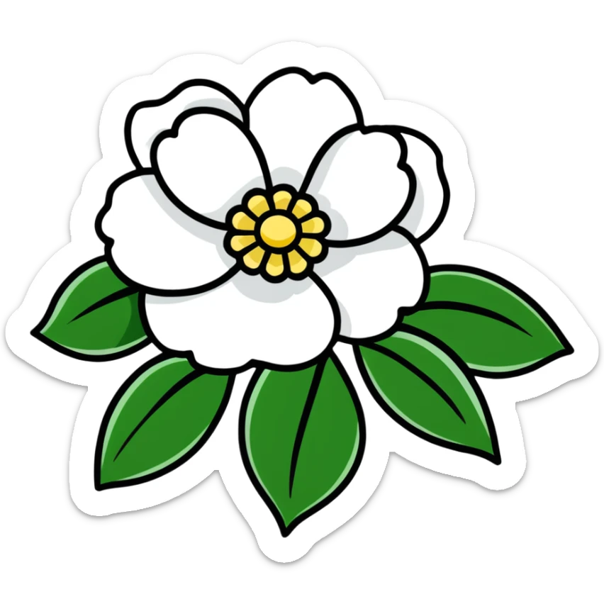 Elegant white camellia flower with symmetrical petals and rich green foliage sticker