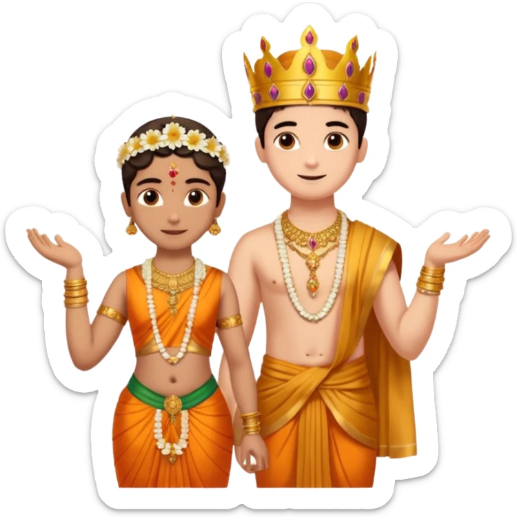 Brahmin boy is thanking to the bharatanatyam dancer. Only the girl is in lordess padmavati with golden crown and giant flower garland on her neck. The boy is a normal helper. The girl is fat and tall the boy is small. sticker