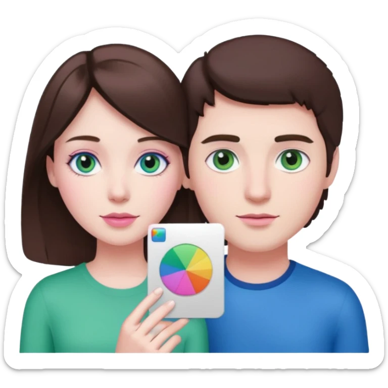 pink polaroid photo of a couple thats white with brunette hair blue and green eyes sticker