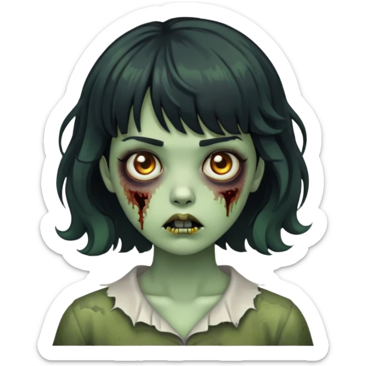 zombie girl with short wavy hair and black bangs, greenish skin sticker