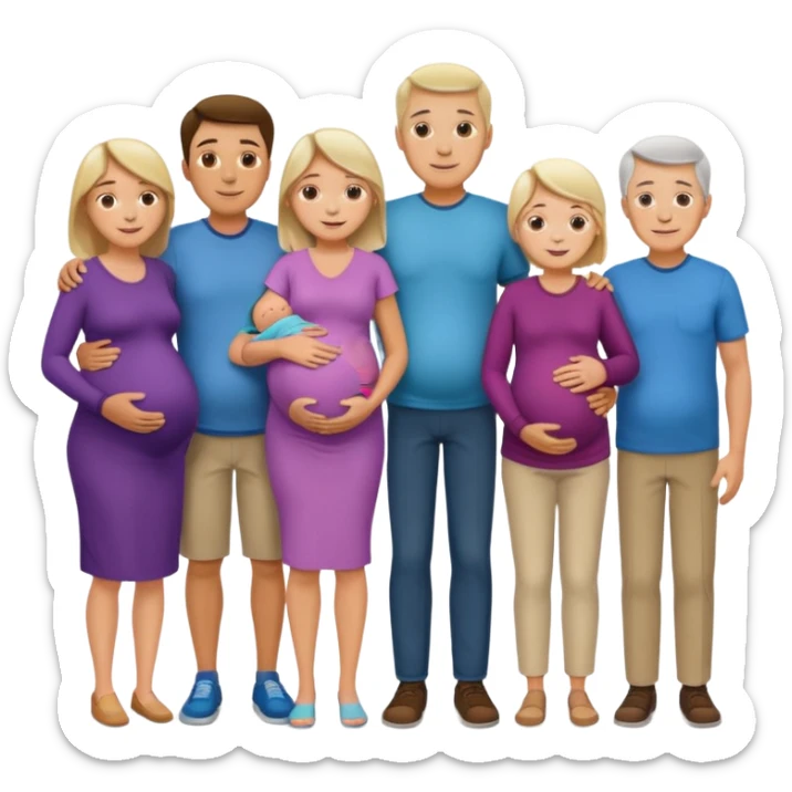 I want a couple with a wife that’s pregnant and then on the male side standing next to him is his family mom is sick the dad is fine  and his siblings and grandparents are okay smiling. sticker