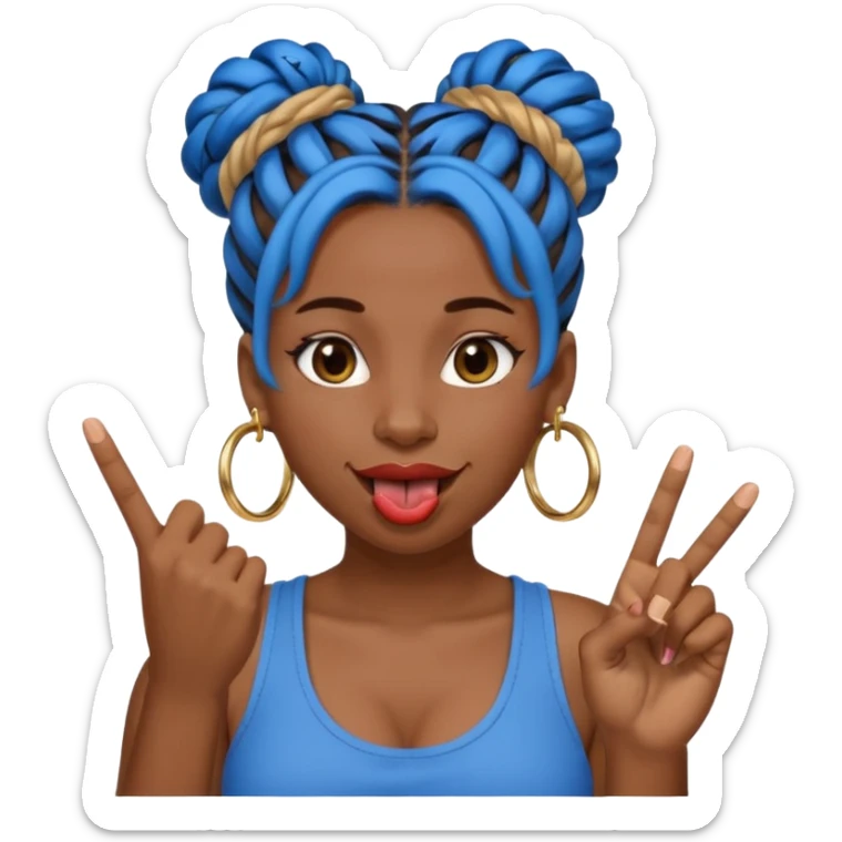 brown girl with blue locs in a bun with tongue out giving middle finger sticker
