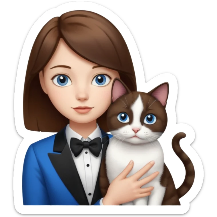 brown haired girl with blue eyes holding a fat black and white tuxedo cat sticker