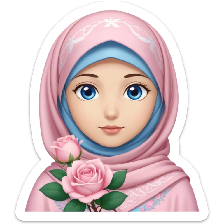 Turkish beautiful finish Konya girl blue eyes with sakura hijab islamic dress and had on her hand light pink roses sticker