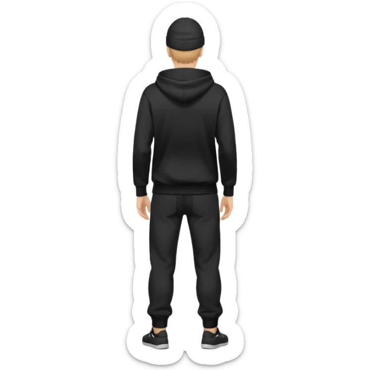 fullbody caucasian man in black hoodie on head, hands in his pockets and black pants rear backview sticker