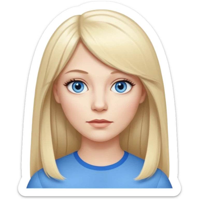 40 yr old white woman, pale skin, long straight blond hair parted in center, blue eyes, bangs sticker