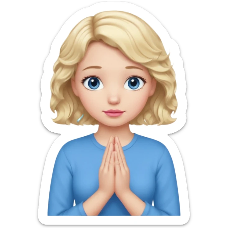 Girl Blonde short wavy hair,  blue eyes, cute blue top, long lashes, pink lips, praying hands sticker