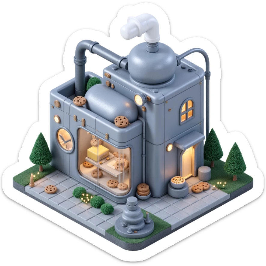 Outside view of a futuristic cookie factory, sleek silver walls, robotic arms visible through glass panels, glowing neon pipes along the structure, emoji-style sticker