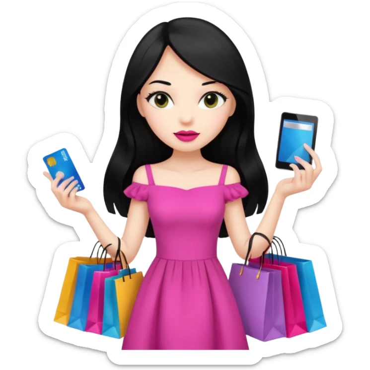 Girl with long black hair and pink lipstick holding shopping bags and credit card sticker