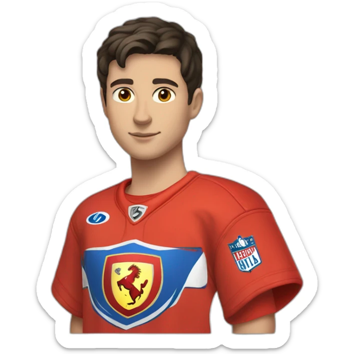 a white male teenager with very short dark hair and brown eyes in a red ferrari jersey sticker