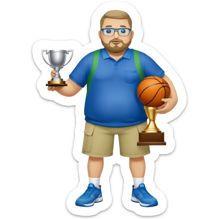full body white obese male basketball coach with trophy. Goatee , Wearing glasses and blue and green polio with khaki pants sticker