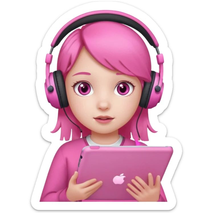 Little girl with headphones when pink eyes and pink iPad and pink dreamy background sticker