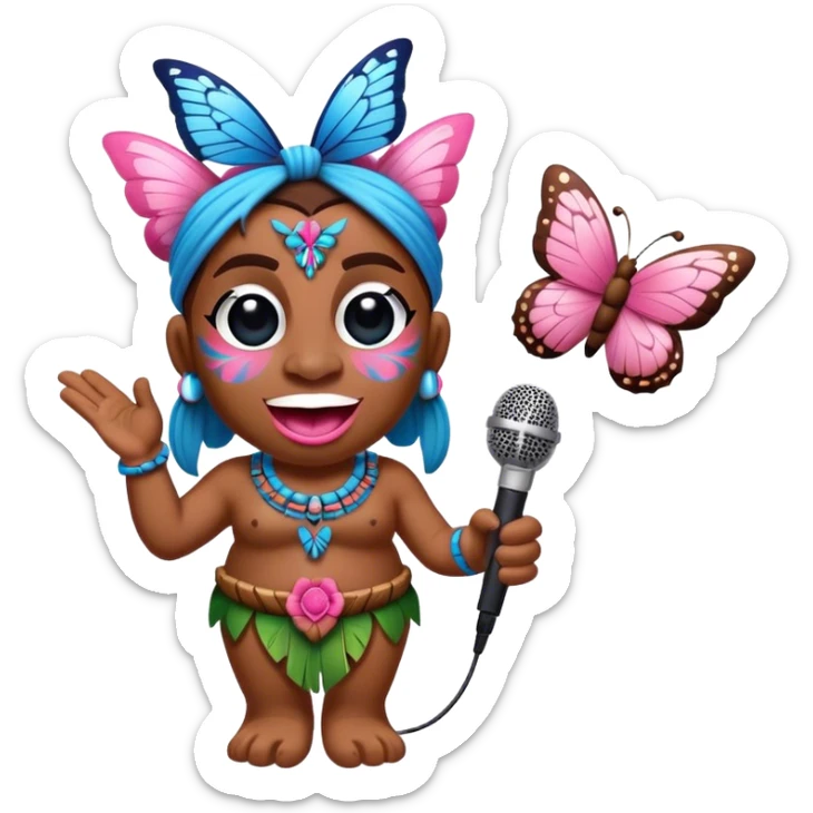 Cartoon Blue and pink tiki singing with butterfly and in the mikrophone sticker
