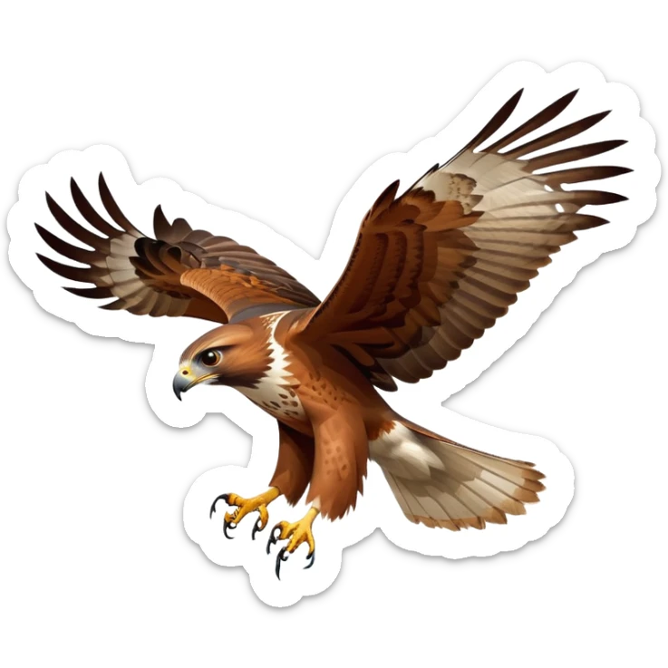 cinematic-red-tailedhawk-realistic-full-body-hunting-emoji,-powerful-brown-and-white-feathered-frame-gliding-over-a-vast-landscape,-sharp-hooked-beak-partially-open,-intelligent-eyes-focused-intensely-on-the-ground-below,-strong-talons-flexing-in-anticipation,-broad-wings-catching-the-wind-with-effortless-grace,-simplified-yet-realistic-focused-features,-highly-detailed,-glowing-with-a-bold-determined-light sticker
