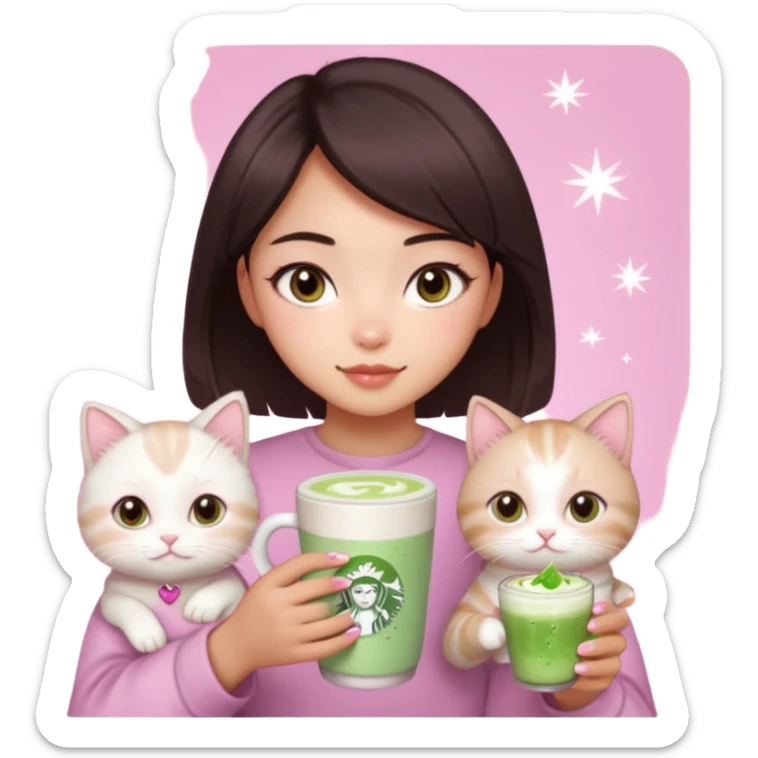 asian girl with short dark brown hair and dark brown eyes with a soft girl pink glowup aesthetic, matcha latte, 2 ragdoll cats, and sparkles sticker