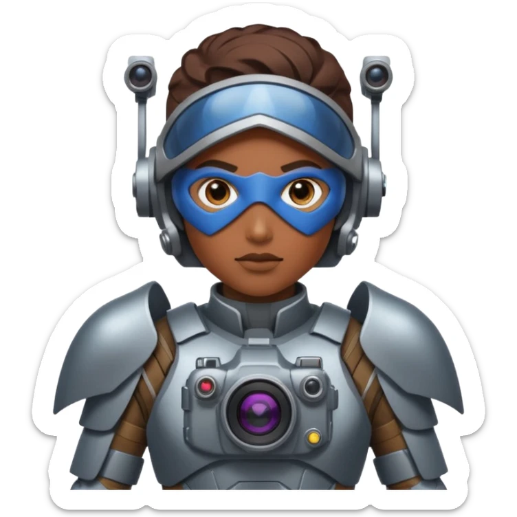 Un photographe high tech du futur, avec du matériel, une armure de terrain à la super héro. Il a des appareils photos, des caméras embarquées et un drone  sticker