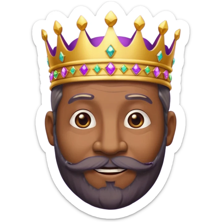 Create a cartoon-style emoji of Baltasar, one of the Three Wise Men. Only show his face and crown. He is older, with dark skin and a full black beard, joyful wrinkles, and a purple and gold jeweled crown. Express warmth, wisdom, and friendliness. Colorful and simple, suitable as an emoji. sticker