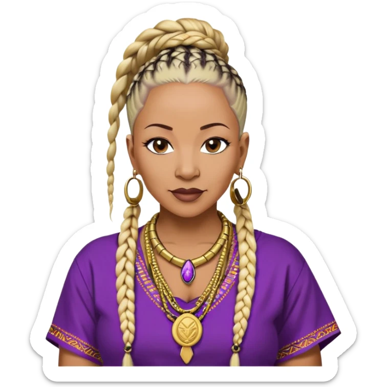 African american 57yr old ,dark chocolate brown  woman who is 5ft 6in with a blonde and black mohawk of individual braids, with low shaved side haircut,
wearing a purple,  dashiki, with an gold  necklace of Draya inscribed,  wearing big gold bamboo earrings in ears with the name engraved of Draya sticker
