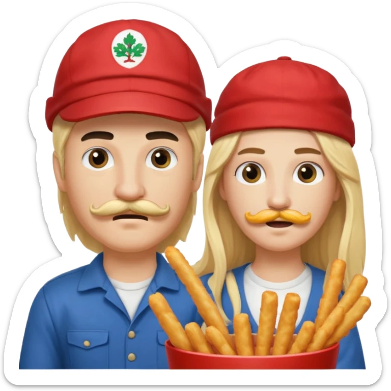 Aurore had long blond hair and Enzo is an Italian boy with mid-long black hair, mustache and a cap on his head and they are figthing like monster about mozzarella sticks sticker
