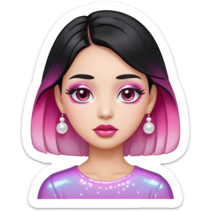 “black hair Emoji girl, glossy pink eyelids, ombré cherry lips, soft contour, subtle glitter under eyes, pearl hair clips, trendy hairstyle, iridescent modern top.” sticker