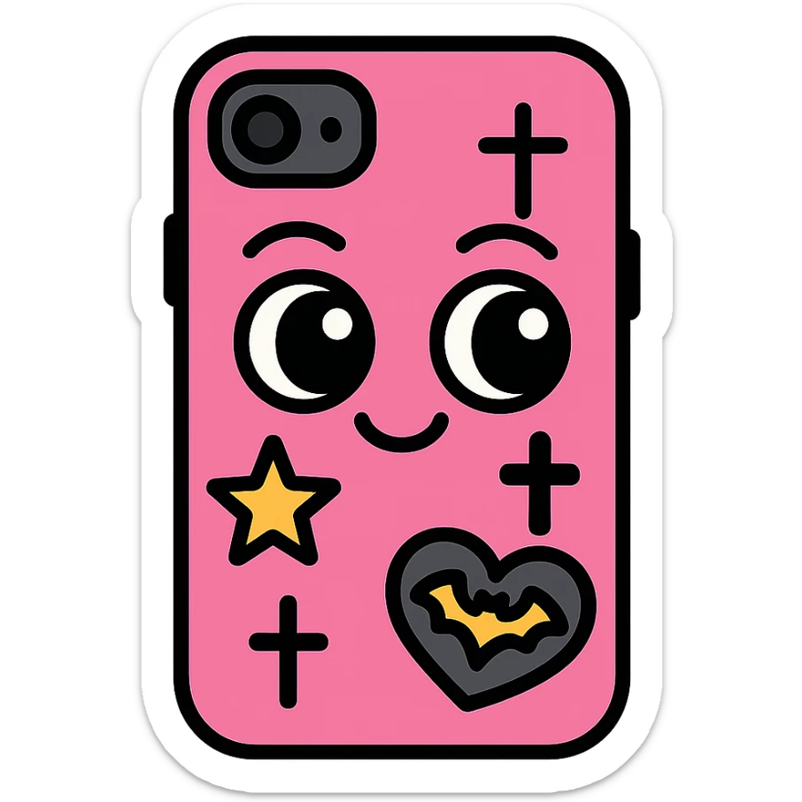 pink and black gothic phone case, big eyes, smiling, playful, cartoonish, gothic symbols sticker