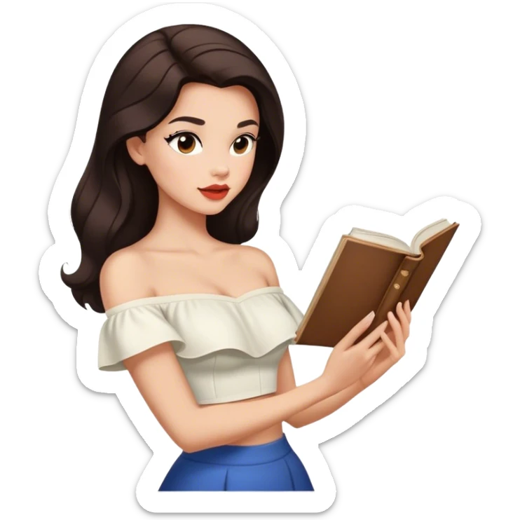 Beautiful woman in 1950’s woman fashion look, off-shoulder white shirts crop top, long dark brown hair, reading sticker