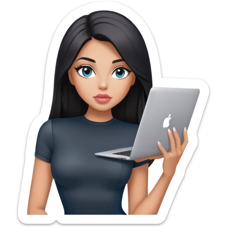 Glamours, tanned, very beautiful girl, with big pump peach-beige-rose lips, black straight smooth silky long hair, straight parting, blue-grey eyes, in short sleeves black bodysuit holding MacBook sticker