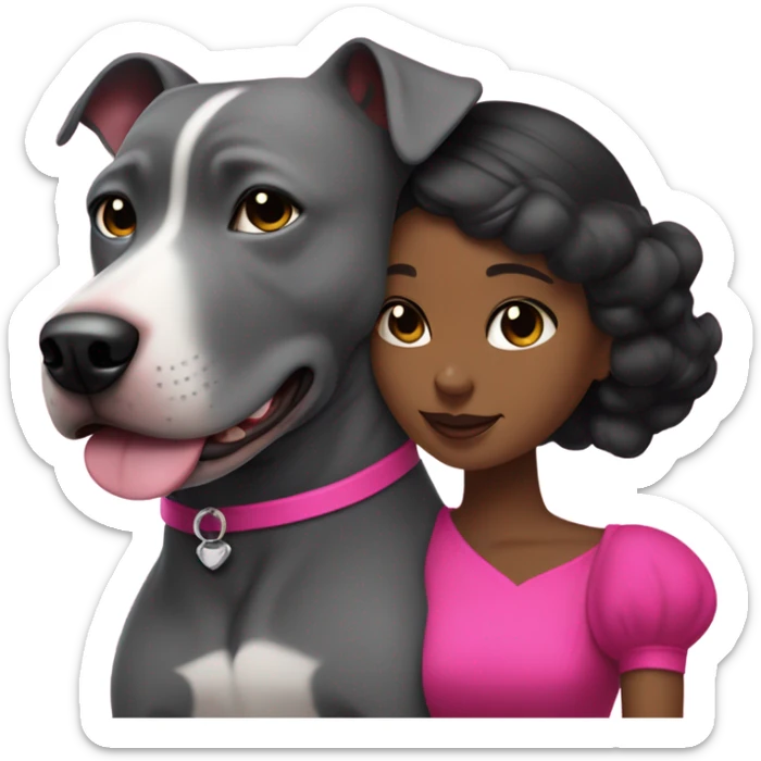 Black lady with black hair wearing hot pink dress hugging large gray pitbull with spiked pink collar sticker
