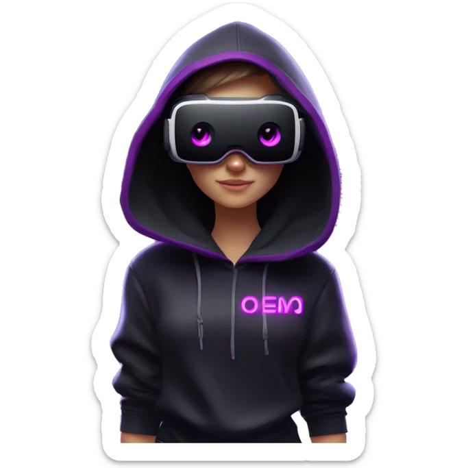 Russian girl wearing black hoody with violet letters "OMG", in vr headset oculus quest2. Standing like jedi. Cyberpunk style. Violet neon. sticker