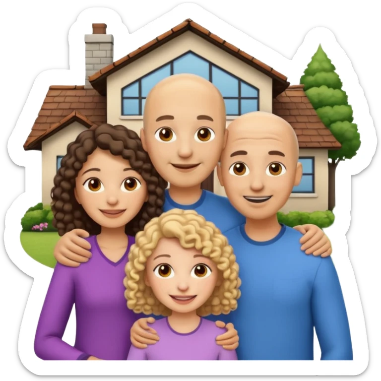 animated emoji style group selfie family of four in front of a house, dad bald South Asian medium light skin smiling, mom and older daughter curly hair pale skin American or Middle Eastern, younger daughter straight hair medium light skin South Asian, both sisters teenagers amused, parents smiling sticker