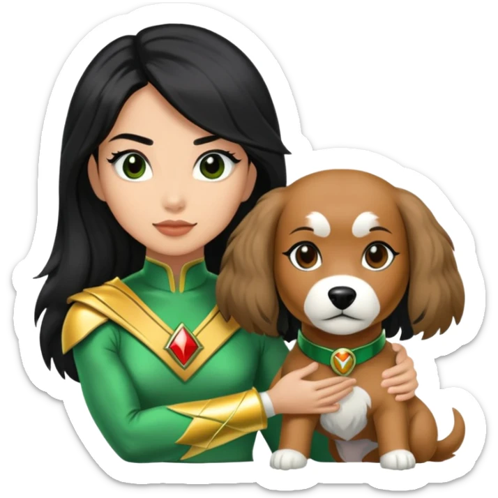 green power ranger wasian woman with long black hair and a fully light brown cockapoo dog sticker