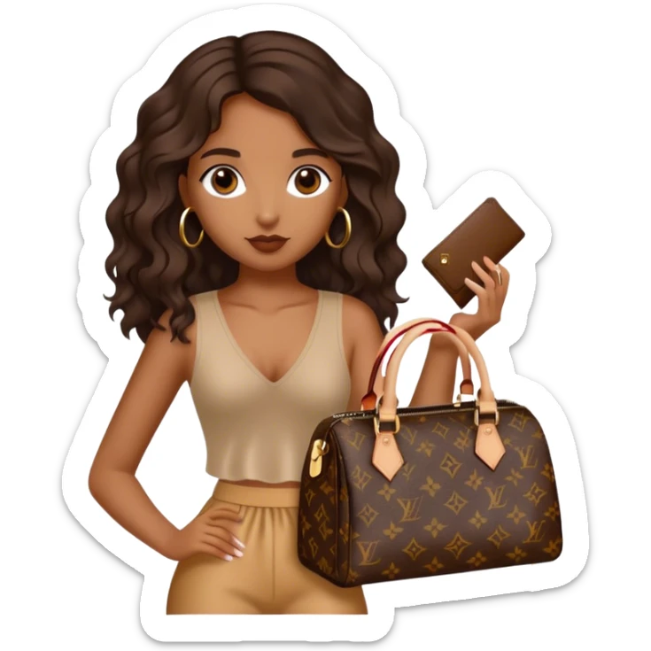  Brown girl with dark brown medium beach wavy hair carrying one Louis Vuitton purse on her arm while standing  sticker